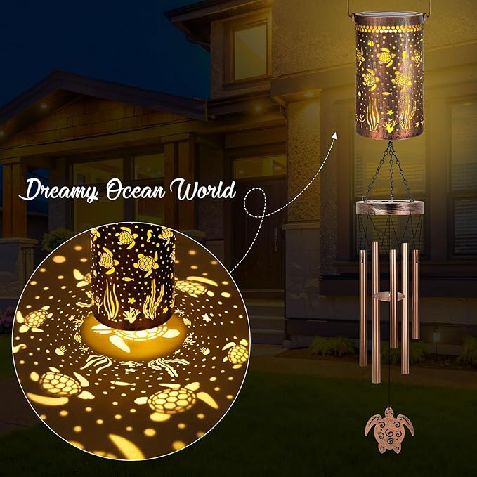 YHmall Sea Turtle Solar Wind Chimes for Outside, Bronze Windchimes Outdoor Sea Turtle Gifts for Women, Mom, Garden Decor Hanging Solar Lights for Outside