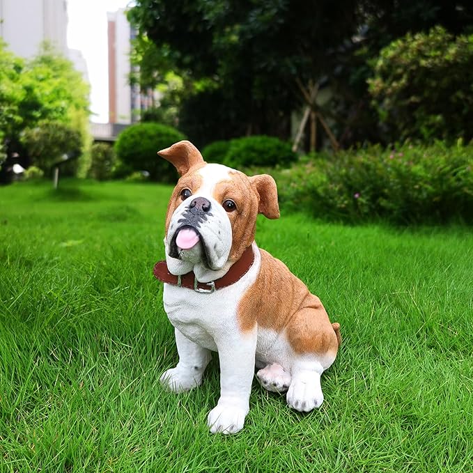 English Bulldog Garden Statue with Solar Lantern, Realistic Dog Sculpture, Birthday Gift for Women Mom Grandma, Housewarming Gift for New Home, Outdoor Resin Puppy Decor,Fawn