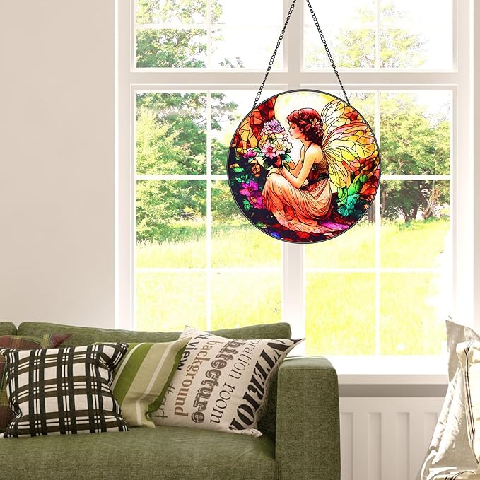 Butterfly Flower Fairy Stained Glass Window Hanging Suncatcher with Chain - 7.9" Outdoor/Indoor Art Decor for Home Garden,Wedding, Mother's, Valentine's, Birthday & Christmas Ornaments Present