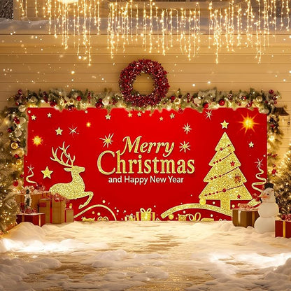 IVN Christmas Garage Door Cover Decoration 13x6ft Santa Glitter Gold Tree Reindeer on Red Holiday Christmas Garage Door Banner Home Garage Door Front Yard Decor for Xmas Eve Holiday Outdoor