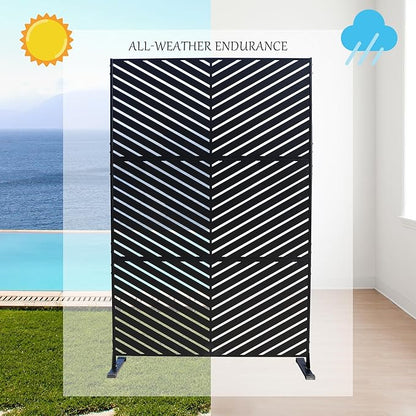 Kozyard Metal Privacy Screen 74" H x 47.2" W Decorative Outdoor Divider with Stand Panels Freestanding Screen Set for Deck Patio Balcony Garden Outdoor&Indoor(Black/Chevron)