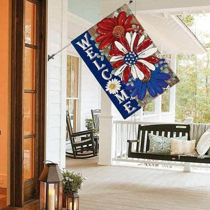 AVOIN colorlife Patriotic 4th of July House Flag 28x40 Inch Double Sided Outside, Floral Welcome Daisy Holiday Yard Outdoor Decoration