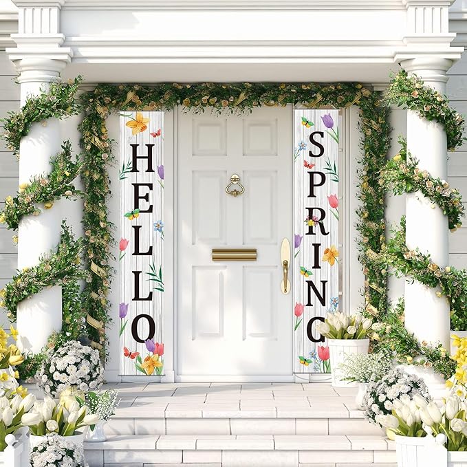 Hello Spring Porch Banner for Front Door Spring Door Banner Colorful Floral Green Leaves Porch Sign Hanging Flag Vintage Spring Decorations Seasonal For Yard Indoor Outdoor Decorations