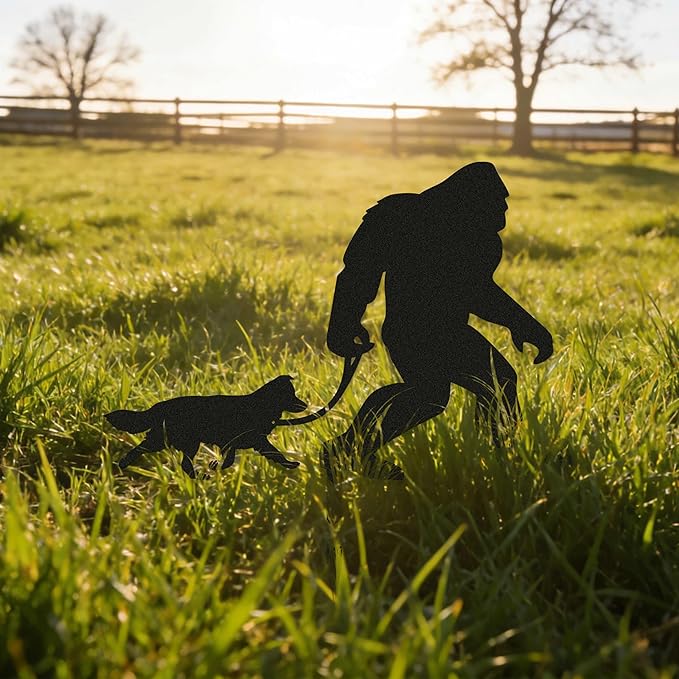 Bigfoot Garden Stake – Metal Sasquatch Statue Walking Border Collie Dog on Leash – Funny Bigfoot Yard Decor, Outdoor Metal Yard Art, Sasquatch Sign for Garden & Lawn