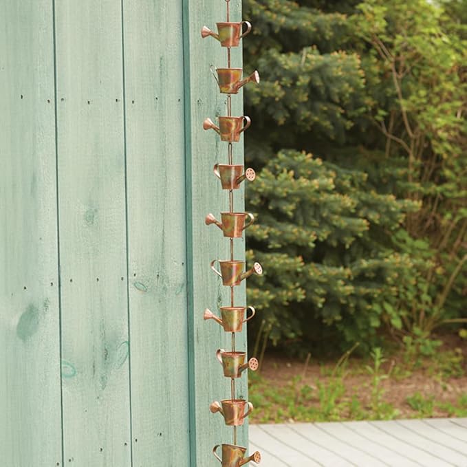 Ancient Graffiti Watering Can Rain Chains, Copper-Colored Steel Decorative Downspout Alternative, Pack of 2, 91-Inch Long Whimsical Gutter Chains with Easy-Install Gutter Clips