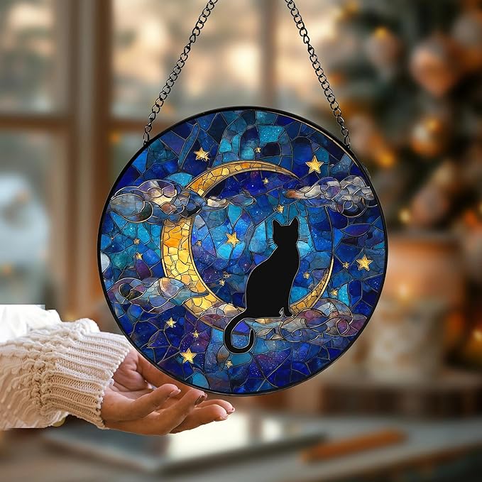 Black Cat Stained Glass Window Hanging, Black Cat on Moon Suncatchers Sun Catchers Indoor Window Glass Wall Art Decorations, Celestial Moon Kitten Round Wall Hanging Decor, 7.9x7.9in