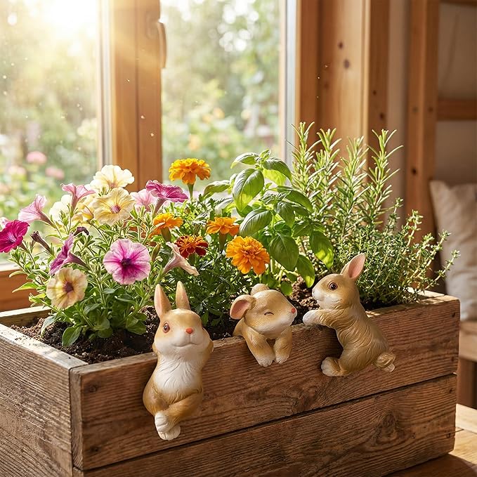 3Pack Rabbit Garden Decor Hanging Rabbit Statue,Cute Garden Rabbit Outdoor Decor for Flower Pots, Indoor Shelf & Patio, Funny Rabbit Ornament Gift for Flower Pot Garden Decor