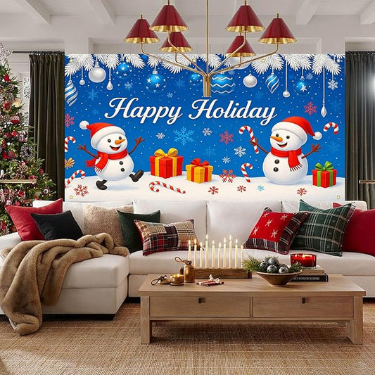 HOMETITUTE Winter Garage Door Banner 13x6ft Happy Holiday Snowmen Winters Scene Backdrop Banners for Outside Indoor Winter Door Cover Garage Wall Covering for Party Garages Decorations