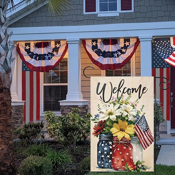 4th of July Mason Jar Flowers Summer Garden Flag 12x18, Patriotic Celebration Double-Sided Decorative Burlap Yard Flag for Memorial Day Independence Day Outside Decoration Holiday Festivities