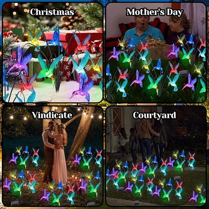 BeHiller Solar Hummingbird Lights Outdoor,2PACKS 12LED Swaying Firefly for Hummingbird Path Decor,Unique Gifts for mom/Grandma,Color Changing Hummingbird Gifts for Women,House,Housewarming,Lawn Decor