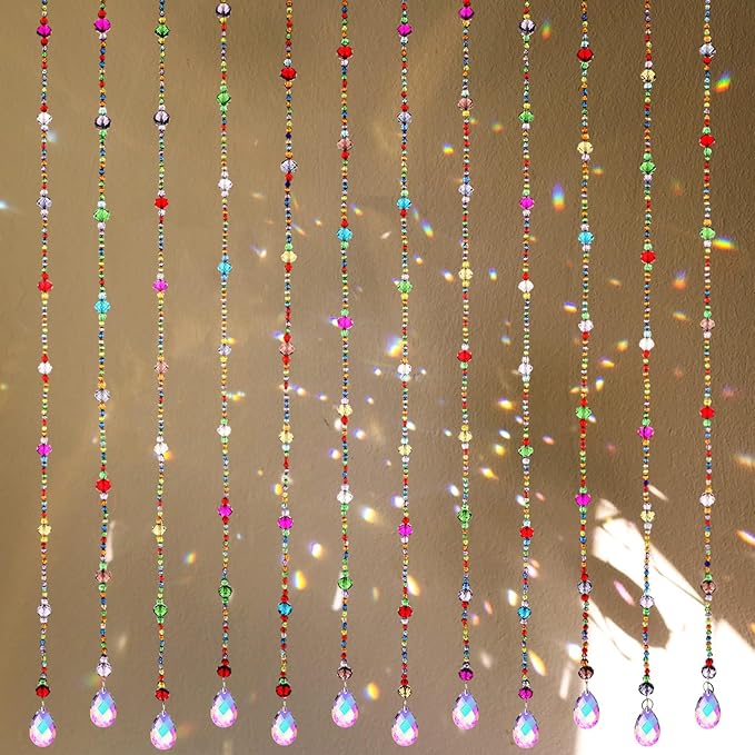 Suncalla 12 Pcs Crystal Garland Strands Colorful Crystals Suncatcher Hanging Sun Catcher with Chain Pendant Ornament for Window Party Wedding Home Decoration