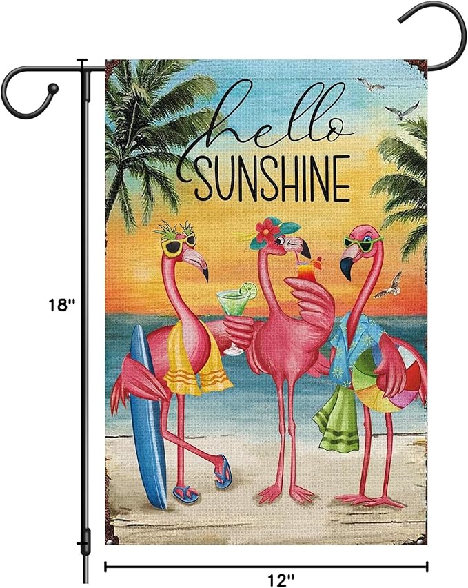 Heyfibro Flamingo Garden Flag Hello Sunshine Hawaii Tropical Beach Holiday Garden Flags 12x18 Double Sided Burlap Welcome Summer Tropical Ocean Sea Yard Flag for Seasonal Outdoor Party Decoration(ONLY