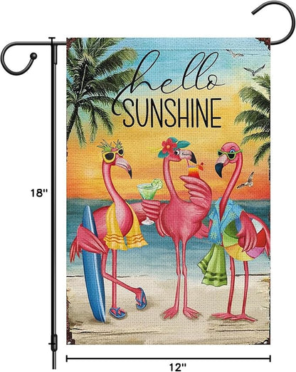 Heyfibro Flamingo Garden Flag Hello Sunshine Hawaii Tropical Beach Holiday Garden Flags 12x18 Double Sided Burlap Welcome Summer Tropical Ocean Sea Yard Flag for Seasonal Outdoor Party Decoration(ONLY