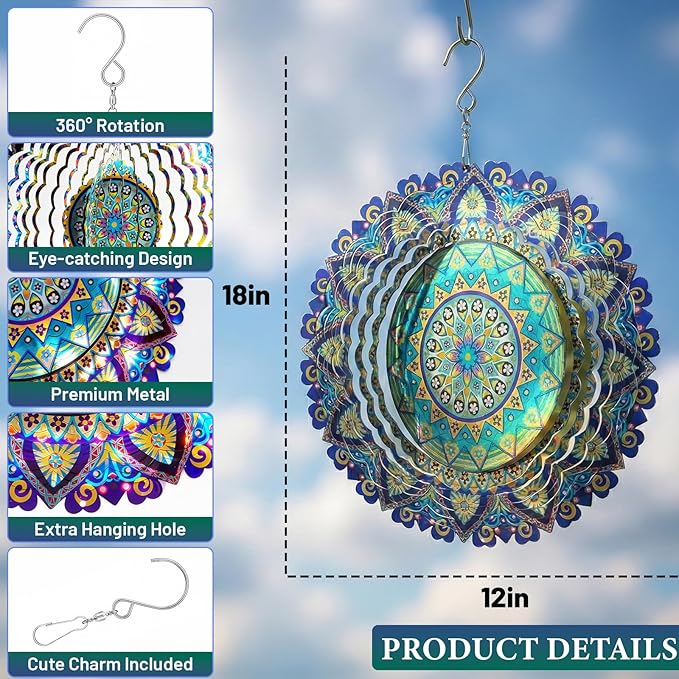 Mandala Wind Spinners Outdoor, IDEA SHOW Stainless Steel Wind Spinners Outside, 3D Kinetic Hanging Sculpture, Rustproof Metal Garden Decor Ornaments for Yard Art, Women, Men, Holidays