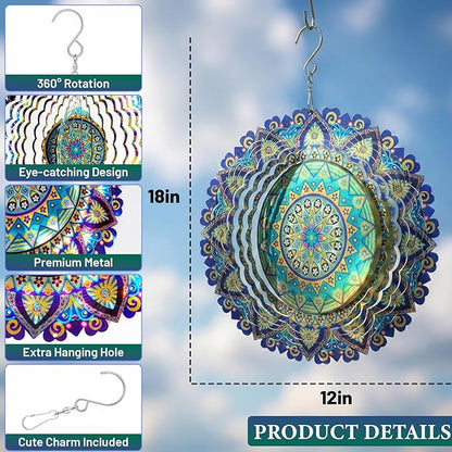 Mandala Wind Spinners Outdoor, IDEA SHOW Stainless Steel Wind Spinners Outside, 3D Kinetic Hanging Sculpture, Rustproof Metal Garden Decor Ornaments for Yard Art, Women, Men, Holidays
