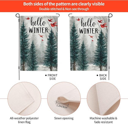 Hello Winter Garden Flag Seasonal Double Sided 12 x 18 Inch Small Yard Flag for Indoor Outdoor Decor Holiday All Seasons