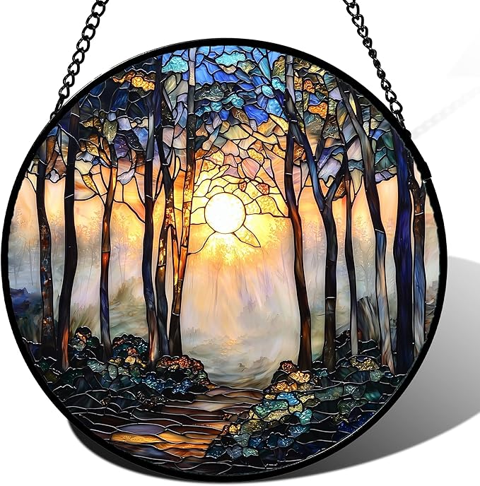 DASTOLL Stained Glass Window Hanging, Forest Sunrise Smoke Blue Brown Tree Suncatcher for Doors Window Home Landscape Sun Catchers Decor Mother's Day Birthday Gifts for Women, Men Mom 11.8 in