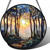 DASTOLL Stained Glass Window Hanging, Forest Sunrise Smoke Blue Brown Tree Suncatcher for Doors Window Home Landscape Sun Catchers Decor Mother's Day Birthday Gifts for Women, Men Mom 7.8 in