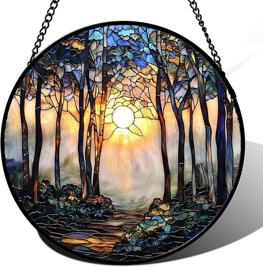 DASTOLL Stained Glass Window Hanging, Forest Sunrise Smoke Blue Brown Tree Suncatcher for Doors Window Home Landscape Sun Catchers Decor Mother's Day Birthday Gifts for Women, Men Mom 15 in