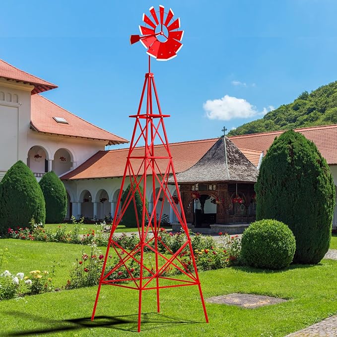 DREAMADE 8ft Steel Windmill, Farmhouse Windmill Decoration with Directional Vane, 4 Anchoring Stakes & Reinforced Base, Weather-Ready Garden Spinner for Backyard, Garden, Patios, Rural Areas (Red)
