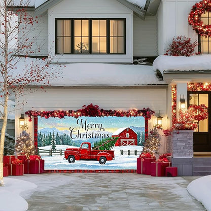 IVN Merry Christmas Garage Door Banner 13x6ft Festive Red Truck with Barn and Snowfield Photo Prop Background for Joyful Holiday Yard Door Cover Background Banner Outdoor Winter Scene