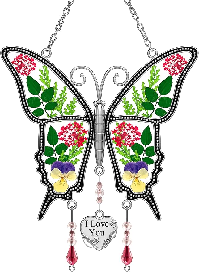 KY&BOSAM Butterfly Suncatcher I Love You Stained Glass for Windows Hangings Wind Chimes with Pressed Flower and Metal Heart Charm for Mom Birthday Valentines Day Decor