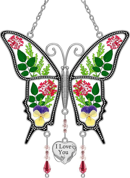 KY&BOSAM Butterfly Suncatcher I Love You Stained Glass for Windows Hangings Wind Chimes with Pressed Flower and Metal Heart Charm for Mom Birthday Valentines Day Decor