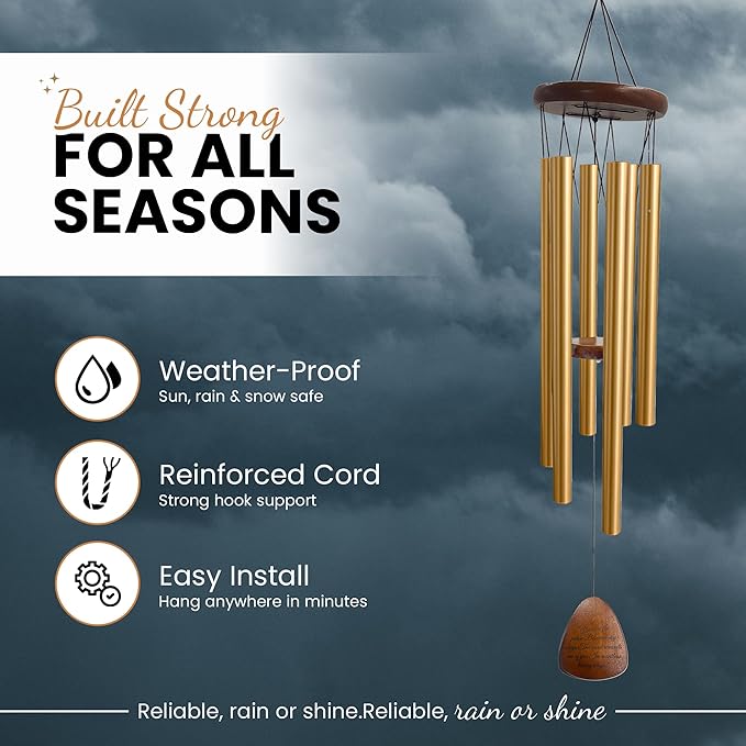Memorial Wind Chimes for Outside Clearence - Teardrop Pendant, Deep Toned Aluminum Tubes & Pine Wood, Sympathy Gift for Loss, Letter from Heaven & Keepsake Keychain, Garden Porch Decor - Gold