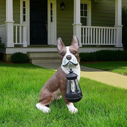 Outdoor French Bulldog Dog Statue with Interchangeable Welcome Sign and Detachable Solar Lantern –LED Light Garden Dog Sculpture Décor, Cute Puppy Design for Yard, Porch, Gift