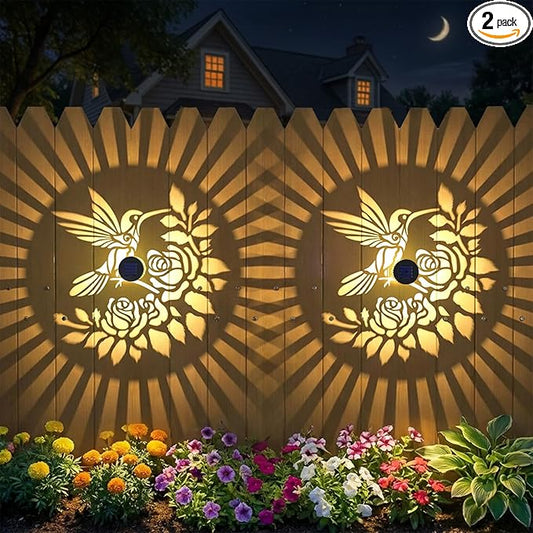 2 Pack Solar Fence Lights Outdoor Wall Lights Metal Solar Powered Deck Step Stair Lights Hummingbird Theme Waterproof Fence Solar Light for Garden Post Patio Yard Decor, Gardening Gifts for Women Mom