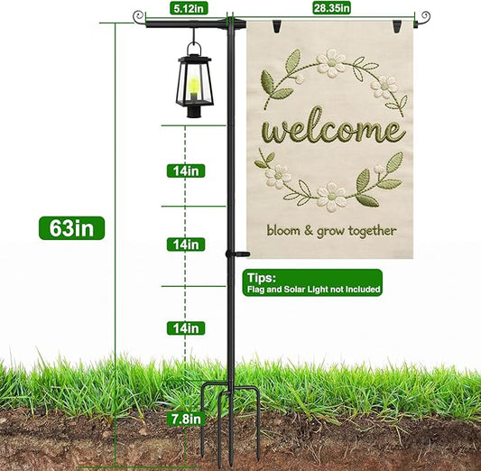 Garden Flag Stand Holder with Shepherd Hooks for 28 x 40 Flag, 63 Inch Height with 3/4 Inch Extra Thick Heavy Duty Garden Flag Pole with 4 Prong Base for Outside Home Yard Patio Decor