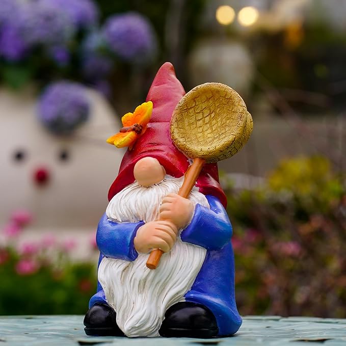 Garden Gnome Statue with Butterfly Net - Hand-Painted Resin Figurine 6.1in, Weatherproof Outdoor Decor for Patio, Yard, Lawn - Durable Indoor/Outdoor Accent, Gift for Mom,Women