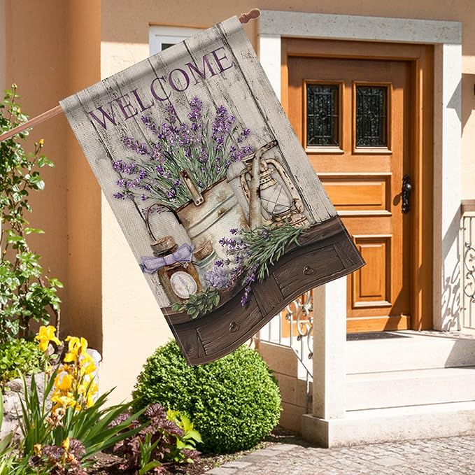 Hzppyz Welcome Spring Summer House Flag Lavender Flower Bucket, Floral Decorative Garden Yard Lawn Outdoor Large Burlap Flag Lantern Decor, Vintage Farmhouse Seasonal Outside Decorations Double Sided 28 x 40