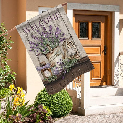 Hzppyz Welcome Spring Summer House Flag Lavender Flower Bucket, Floral Decorative Garden Yard Lawn Outdoor Large Burlap Flag Lantern Decor, Vintage Farmhouse Seasonal Outside Decorations Double Sided 28 x 40