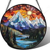 Stained Glass Window Hanging - Colorful Mountain Lake Landscape Sun Catcher for Door Garden Home Decor Suncatcher Christmas Mother's Day Birthday Gifts for Women Men Mom Nana 7.8 in