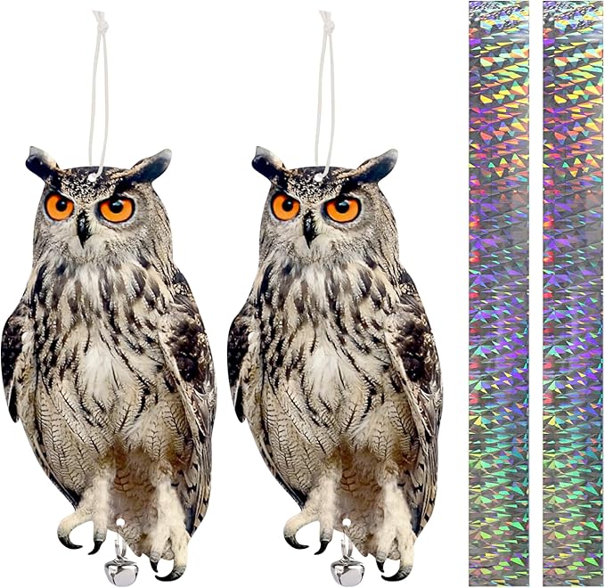 2PCS Hanging Effective Fake Owl Control Device Dual-Side Outdoors Owl with Reflective Tape for Patio Yard Outdoor Front Porch Backyard Windows