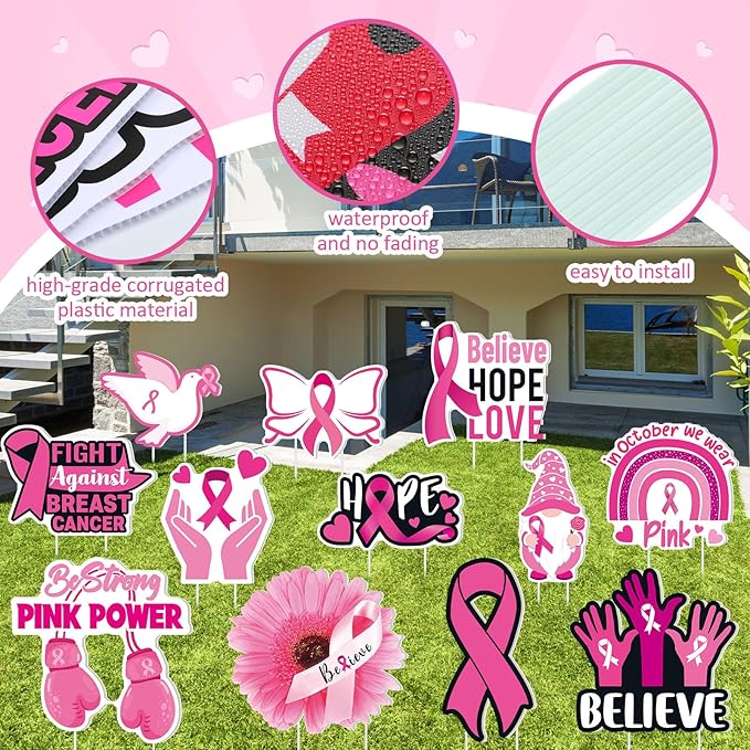 Amyhill 12 Pcs Breast Cancer Awareness Yard Signs Decoration for Outdoor Pink Ribbon Garden Lawn Signs with Stakes Waterproof Decor Gifts for Women Festive Holiday Party Patio Lawn Walkway Decoration