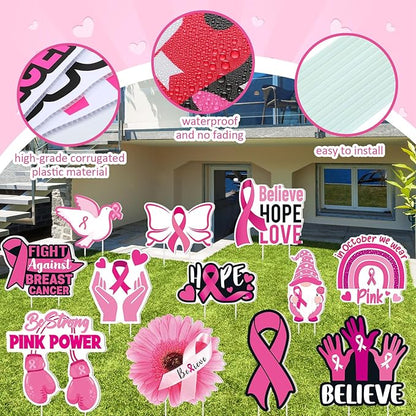 Amyhill 12 Pcs Breast Cancer Awareness Yard Signs Decoration for Outdoor Pink Ribbon Garden Lawn Signs with Stakes Waterproof Decor Gifts for Women Festive Holiday Party Patio Lawn Walkway Decoration