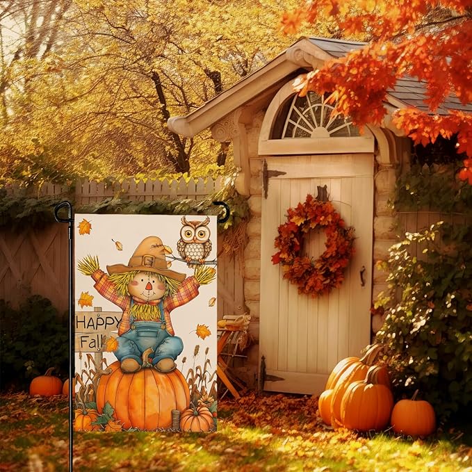 Happy Fall Pumpkins Scarecrow Garden Flags Double Sided Burlap Autumn Yellow Pumpkin Owl Yard Flag Seasonal Outside Patio Farmhouse Garden Yard Lawn Outdoor Decorative 12 x 18 Inch