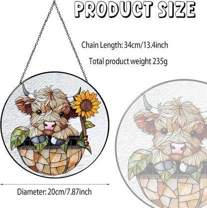 Sunflowers Highland Stained Glass Window Hanging Cowgirl Decor Highland Cow Gifts for Women Christmas Suncatchers for Home Windows Hanging Decoration, 7.87inch