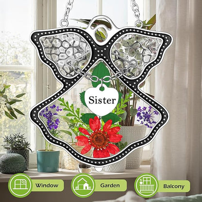 KY&BOSAM Angel Suncatcher Sister Stained Glass Suncatchers for Windows Hangings Wind Chime with Pressed Drived Flower and Metal Charm Birthdays Gifts for Sister Mothers Day Valentine's Christmas Decor
