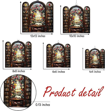 Flower Library Bookish Acrylic Suncatcher Stained Glass Effect Window Car Hanging Christmas Ornament Indoor Outdoor Decor Garden Bookworm Sun Catcher Book Lover for Women Mom Grandma
