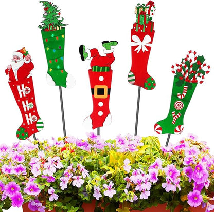 Roowest 5 Pack 12'' H Metal Christmas Yard Stakes Outdoor Decorations Red and Green Christmas Stocking Elf Santa Signs Winter Potted Plant Stakes for Holiday Lawn Garden Home Porch Party Decor