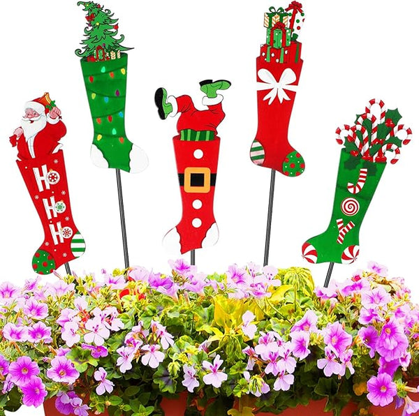 Roowest 5 Pack 12'' H Metal Christmas Yard Stakes Outdoor Decorations Red and Green Christmas Stocking Elf Santa Signs Winter Potted Plant Stakes for Holiday Lawn Garden Home Porch Party Decor