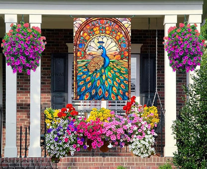 Stained Glass Peacock Spring House Flag 28x40 Inch Double Sided Large Burlap Yard Flag for Spring Summer Outdoor Outside Seasonal Decor