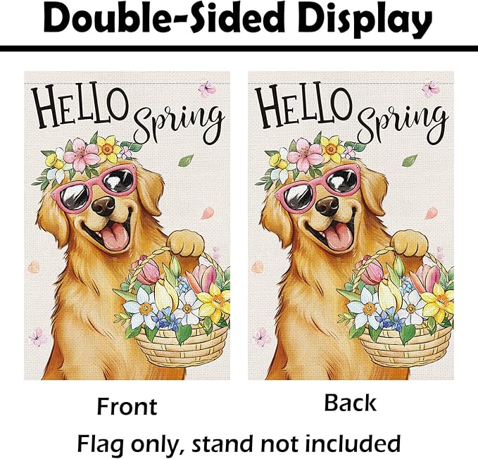 Heyfibro Hello Spring Golden Retriever Garden Flag 12x18 Inch Double Sided Spring Flowers Garden Flag Small House Flags for Outside Yard Farmhouse Holiday Seasonal Outdoor Decorations
