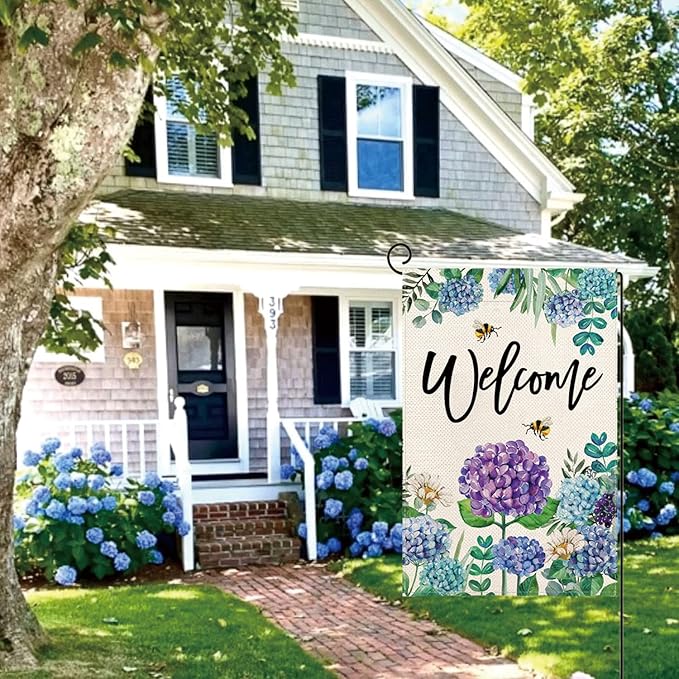 Baccessor Spring Hydrangea Garden Flag Double Sided 12x18 Inch, Summer Purple Blue Flower Floral Welcome Small Yard Flag Burlap Vertical Seasonal Farmhouse Yard Outdoor Decoration