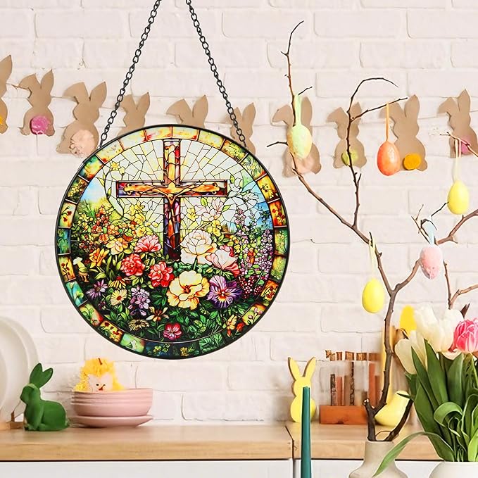 Stained Glass Window Hanging, 8inch Stained Glass Cross Suncatcher Christian Decor for Home Kitchen Office Garden Birthday Mother's Day Easter Religious Gifts for Women Grandma Grandparents