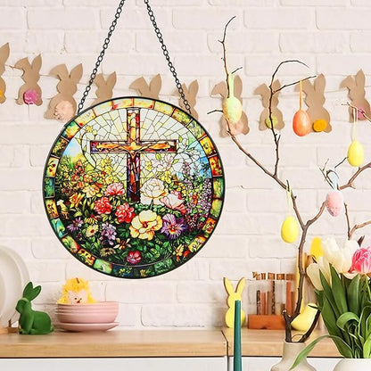 Stained Glass Window Hanging, 8inch Stained Glass Cross Suncatcher Christian Decor for Home Kitchen Office Garden Birthday Mother's Day Easter Religious Gifts for Women Grandma Grandparents