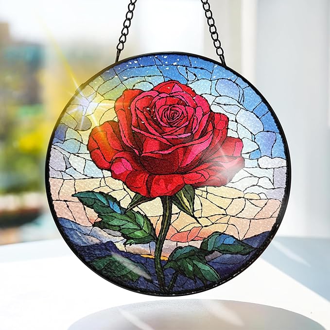 Bimkole Rose Stained Glass Suncatcher Window Hanging - Flowers Design for Indoor Window or Doorway Decoration - 7.87x7.87 inch with Chain and Hook - Unique Home Decor Gift